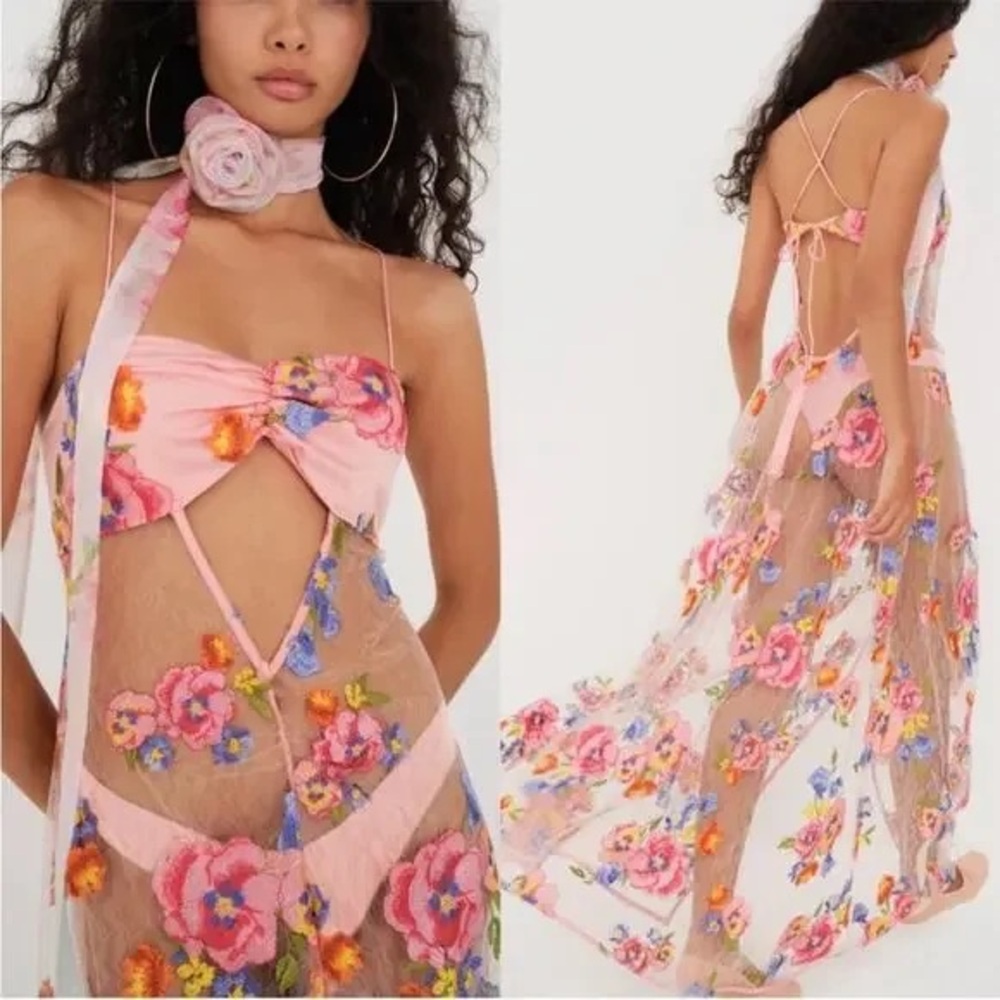 For Love & Lemons Rare Delaney Maxi Floral Embroidered Sheer Slip Dress NWT